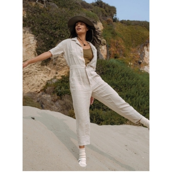 MATE the Label Pants - MATE the Label 100% Linen Cream Long Sleeve Jumpsuit Sz S